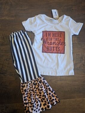 Wrangler White Tee with Black-White Striped Pants and Pink Leopard Ruffle